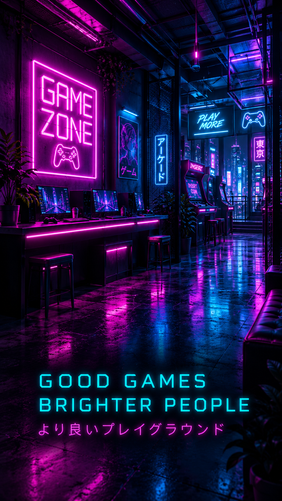 Neon arcade lounge: Good games, brighter people